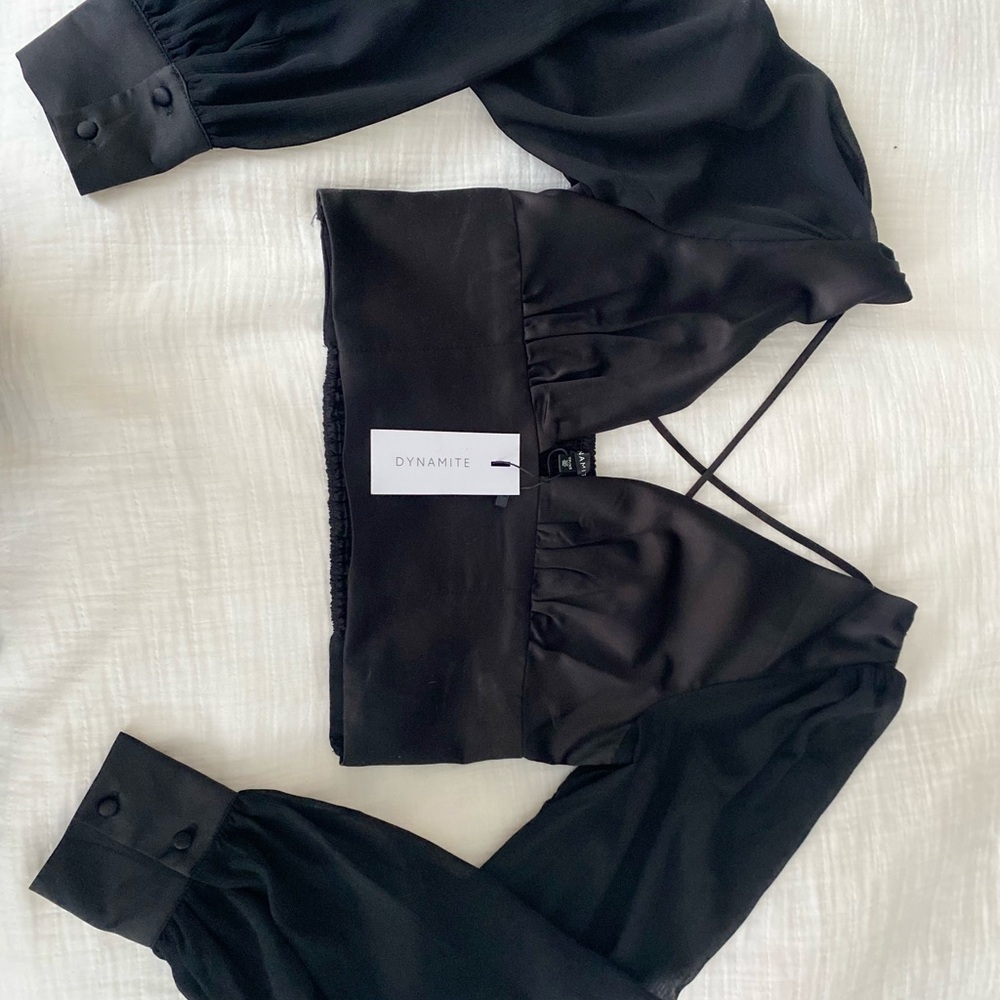 Black Satin Blouse with Sheer Sleeves
